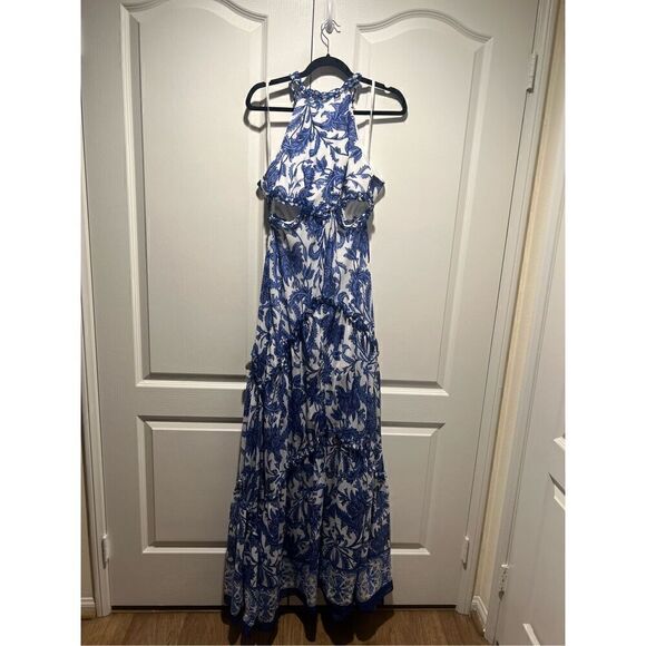 LACE the Label Blue Floral Ruffled Cut Out Maxi Dress Vacation size S NWT $490 - Picture 1 of 7